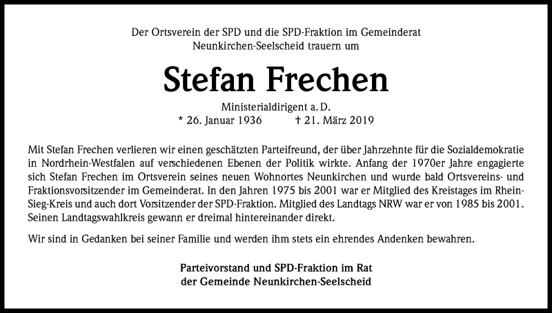  Traueranzeige für Stefan Frechen vom 05.04.2019 aus Kölner Stadt-Anzeiger / Kölnische Rundschau / Express
