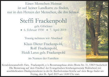 Anzeige von Steffi Frackenpohl von Kölner Stadt-Anzeiger / Kölnische Rundschau / Express