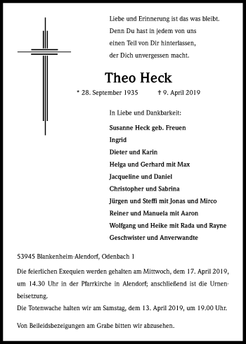 Anzeige von Theo Heck von Kölner Stadt-Anzeiger / Kölnische Rundschau / Express