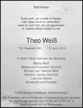Anzeige von Theo Weiß von  Bergisches Handelsblatt 