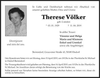Anzeige von Therese Völker von Kölner Stadt-Anzeiger / Kölnische Rundschau / Express