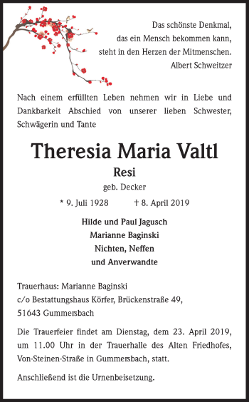 Anzeige von Theresia Maria Valtl von Kölner Stadt-Anzeiger / Kölnische Rundschau / Express