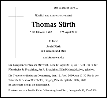 Anzeige von Thomas Sürth von Kölner Stadt-Anzeiger / Kölnische Rundschau / Express