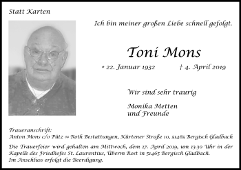 Anzeige von Toni Mons von Kölner Stadt-Anzeiger / Kölnische Rundschau / Express