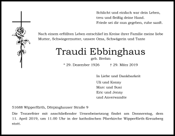 Anzeige von Traudi Ebbinghaus von Kölner Stadt-Anzeiger / Kölnische Rundschau / Express