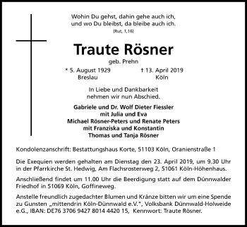 Anzeige von Traute Rösner von Kölner Stadt-Anzeiger / Kölnische Rundschau / Express