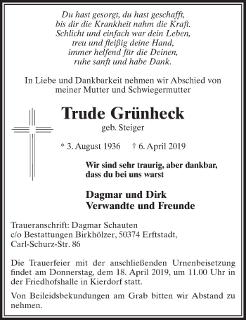 Anzeige von Trude Grünheck von  Sonntags-Post 