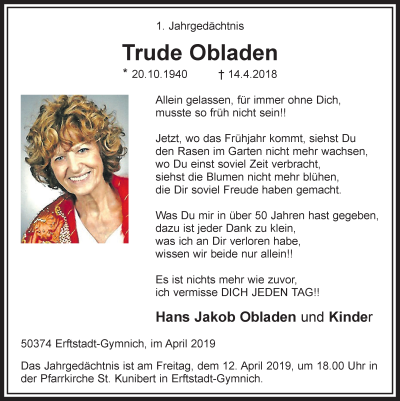  Traueranzeige für Trude Obladen vom 10.04.2019 aus  Werbepost 