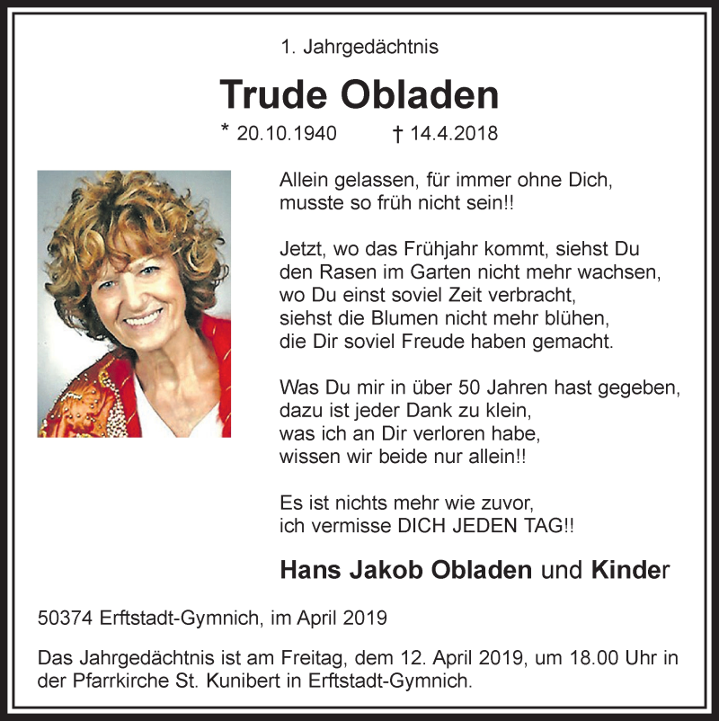  Traueranzeige für Trude Obladen vom 18.07.2023 aus  Sonntags-Post 