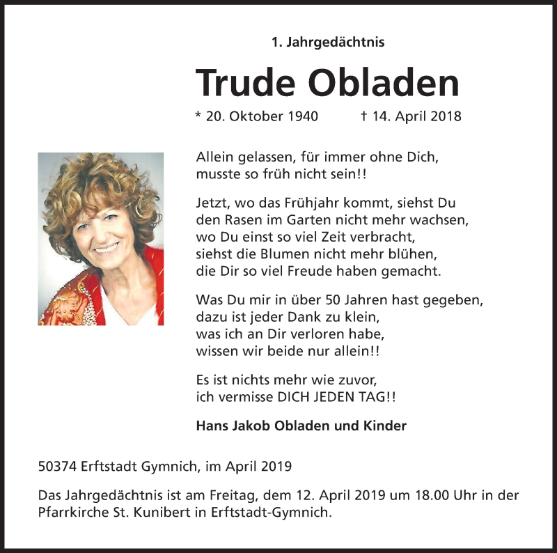  Traueranzeige für Trude Obladen vom 10.04.2019 aus Kölner Stadt-Anzeiger / Kölnische Rundschau / Express