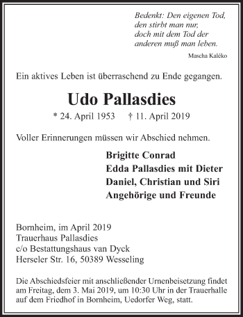 Anzeige von Udo Pallasdies von  Schaufenster/Blickpunkt 