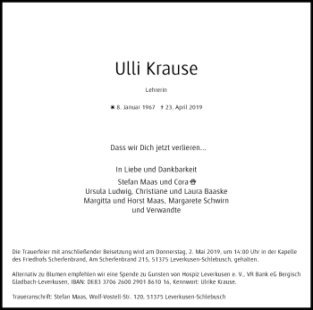 Anzeige von Ulli Krause von Kölner Stadt-Anzeiger / Kölnische Rundschau / Express