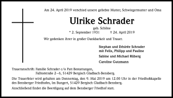 Anzeige von Ulrike Schrader von Kölner Stadt-Anzeiger / Kölnische Rundschau / Express
