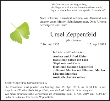 Anzeige von Ursel Zeppenfeld von Kölner Stadt-Anzeiger / Kölnische Rundschau / Express