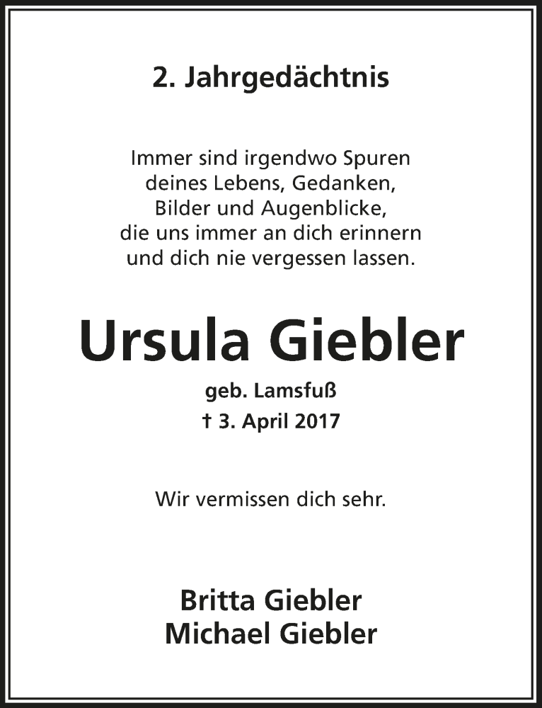  Traueranzeige für Ursula Giebler vom 03.04.2019 aus  Bergisches Handelsblatt 