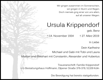 Anzeige von Ursula Krippendorf von Kölner Stadt-Anzeiger / Kölnische Rundschau / Express