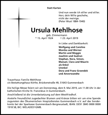 Anzeige von Ursula Mehlhose von Kölner Stadt-Anzeiger / Kölnische Rundschau / Express