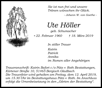 Anzeige von Ute Höller von Kölner Stadt-Anzeiger / Kölnische Rundschau / Express