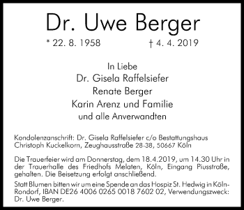 Anzeige von Uwe Berger von Kölner Stadt-Anzeiger / Kölnische Rundschau / Express