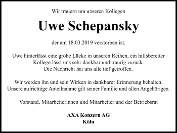Anzeige von Uwe Schepansky von Kölner Stadt-Anzeiger / Kölnische Rundschau / Express