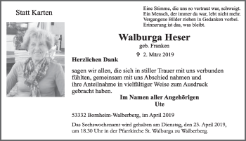Anzeige von Walburga Heser von  Schlossbote/Werbekurier 