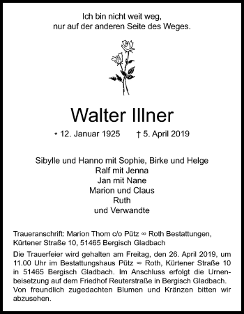 Anzeige von Walter Illner von Kölner Stadt-Anzeiger / Kölnische Rundschau / Express
