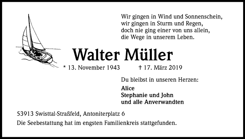  Traueranzeige für Walter Müller vom 06.04.2019 aus Kölner Stadt-Anzeiger / Kölnische Rundschau / Express