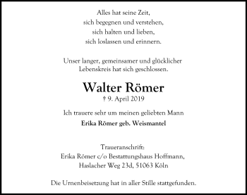 Anzeige von Walter Römer von Kölner Stadt-Anzeiger / Kölnische Rundschau / Express