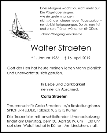 Anzeige von Walter Straeten von Kölner Stadt-Anzeiger / Kölnische Rundschau / Express