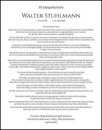 Anzeige von Walter Stuhlmann von Kölner Stadt-Anzeiger / Kölnische Rundschau / Express