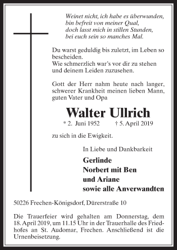 Anzeige von Walter Ullrich von  Wochenende 
