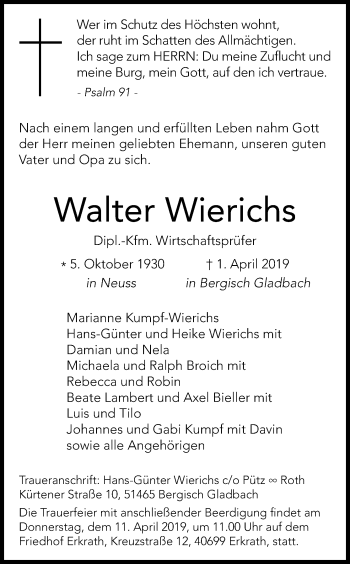 Anzeige von Walter Wierichs von Kölner Stadt-Anzeiger / Kölnische Rundschau / Express