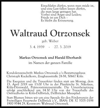 Anzeige von Waltraud Otrzonsek von Kölner Stadt-Anzeiger / Kölnische Rundschau / Express