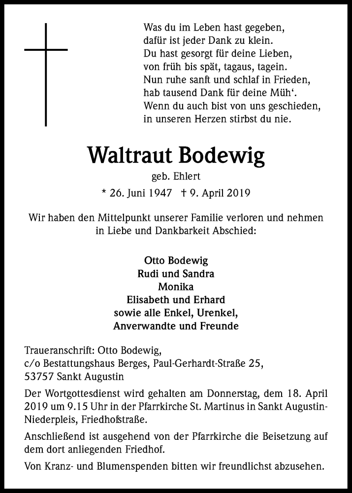  Traueranzeige für Waltraut Bodewig vom 13.04.2019 aus Kölner Stadt-Anzeiger / Kölnische Rundschau / Express