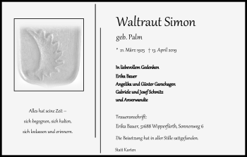 Anzeige von Waltraut Simon von Kölner Stadt-Anzeiger / Kölnische Rundschau / Express