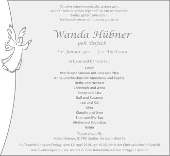 Anzeige von Wanda Hübner von Kölner Stadt-Anzeiger / Kölnische Rundschau / Express