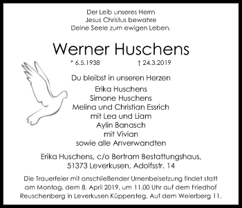 Anzeige von Werner Huschens von Kölner Stadt-Anzeiger / Kölnische Rundschau / Express