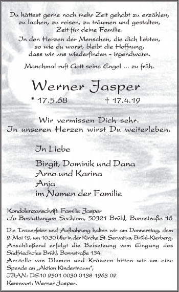 Anzeige von Werner Jasper von  Schlossbote/Werbekurier 