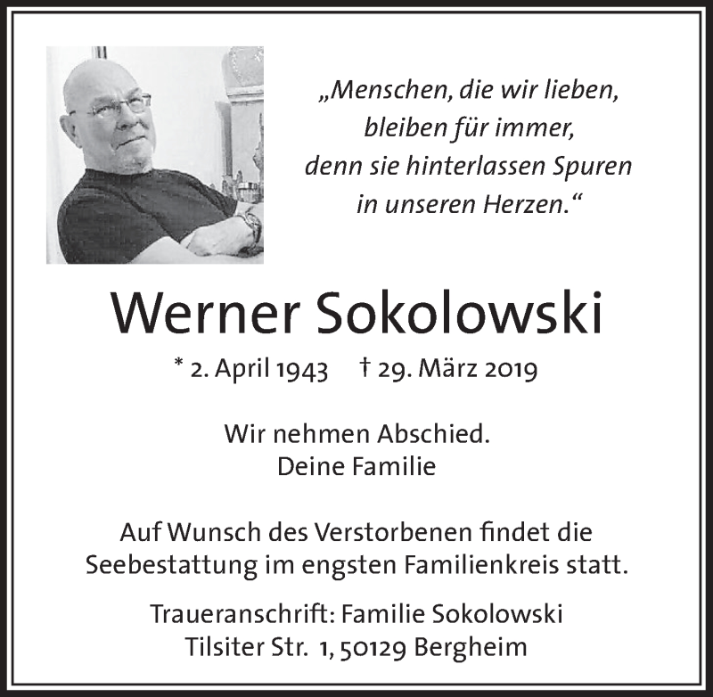  Traueranzeige für Werner Sokolowski vom 13.04.2019 aus  Sonntags-Post 