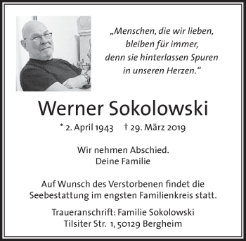 Anzeige von Werner Sokolowski von  Sonntags-Post 