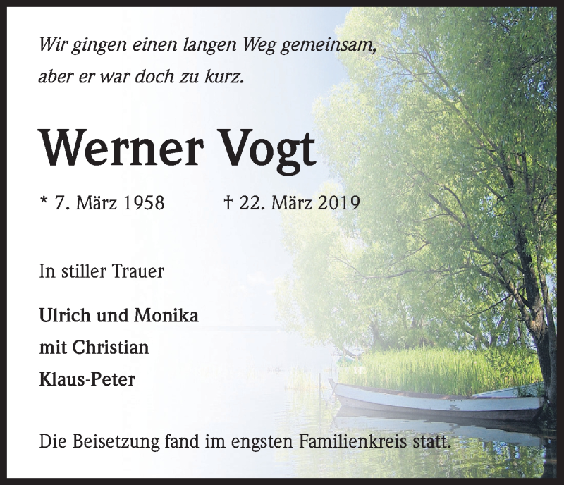  Traueranzeige für Werner Vogt vom 09.04.2019 aus Kölner Stadt-Anzeiger / Kölnische Rundschau / Express