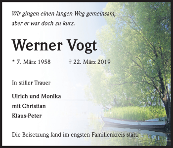 Anzeige von Werner Vogt von Kölner Stadt-Anzeiger / Kölnische Rundschau / Express