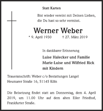 Anzeige von Werner Weber von  Kölner Wochenspiegel 