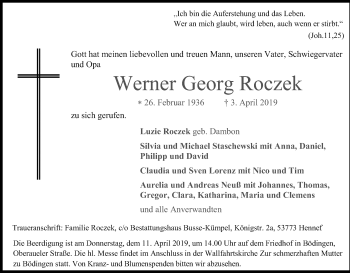 Anzeige von Werner Georg Roczek von Kölner Stadt-Anzeiger / Kölnische Rundschau / Express