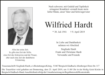 Anzeige von Wilfried Hardt von  Bergisches Handelsblatt 