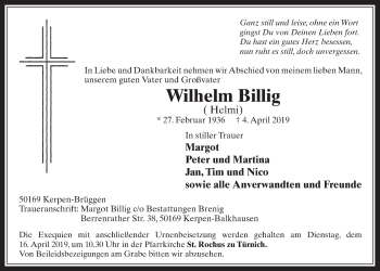Anzeige von Wilhelm Billig von  Werbepost 