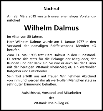 Anzeige von Wilhelm Dalmus von Kölner Stadt-Anzeiger / Kölnische Rundschau / Express