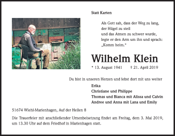 Anzeige von Wilhelm Klein von Kölner Stadt-Anzeiger / Kölnische Rundschau / Express
