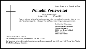 Anzeige von Wilhelm Weisweiler von Kölner Stadt-Anzeiger / Kölnische Rundschau / Express