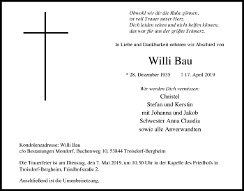 Anzeige von Willi Bau von Kölner Stadt-Anzeiger / Kölnische Rundschau / Express